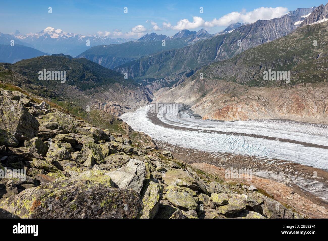 Il ghiacciaio Aletsch. Aletschgletscher. Terminal del ghiacciaio. Alpi Bernesi orientali nel cantone svizzero del Vallese. Svizzera. Foto Stock