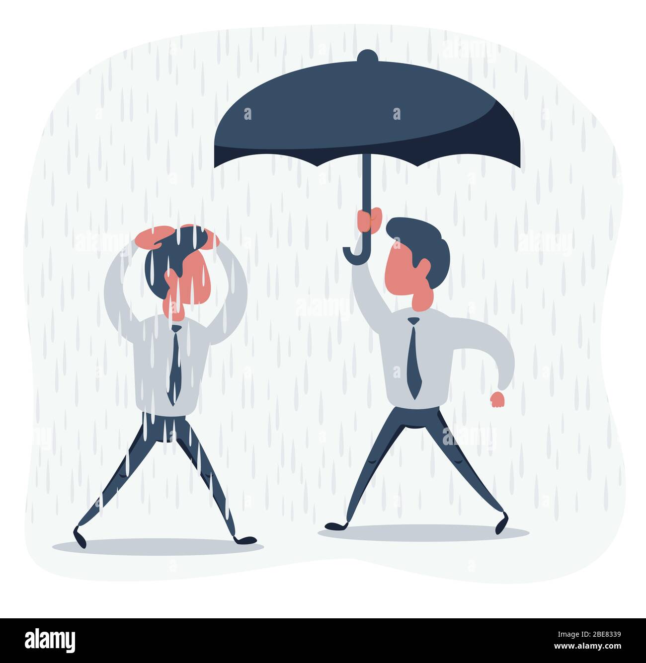 un uomo d'affari corre dalla pioggia mentre un altro uomo d'affari ha l'ombrello Illustrazione Vettoriale