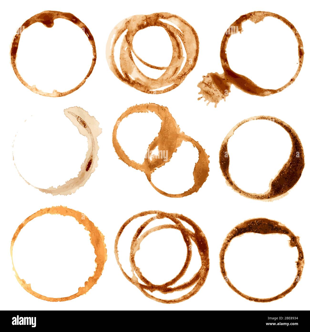 Macchie di caffè e schizzi, set di vettori di anelli di coppa marrone sporchi. Anello di spruzzatura forma tazza di caffè, cerchio macchia segno sporco illustrazione Illustrazione Vettoriale