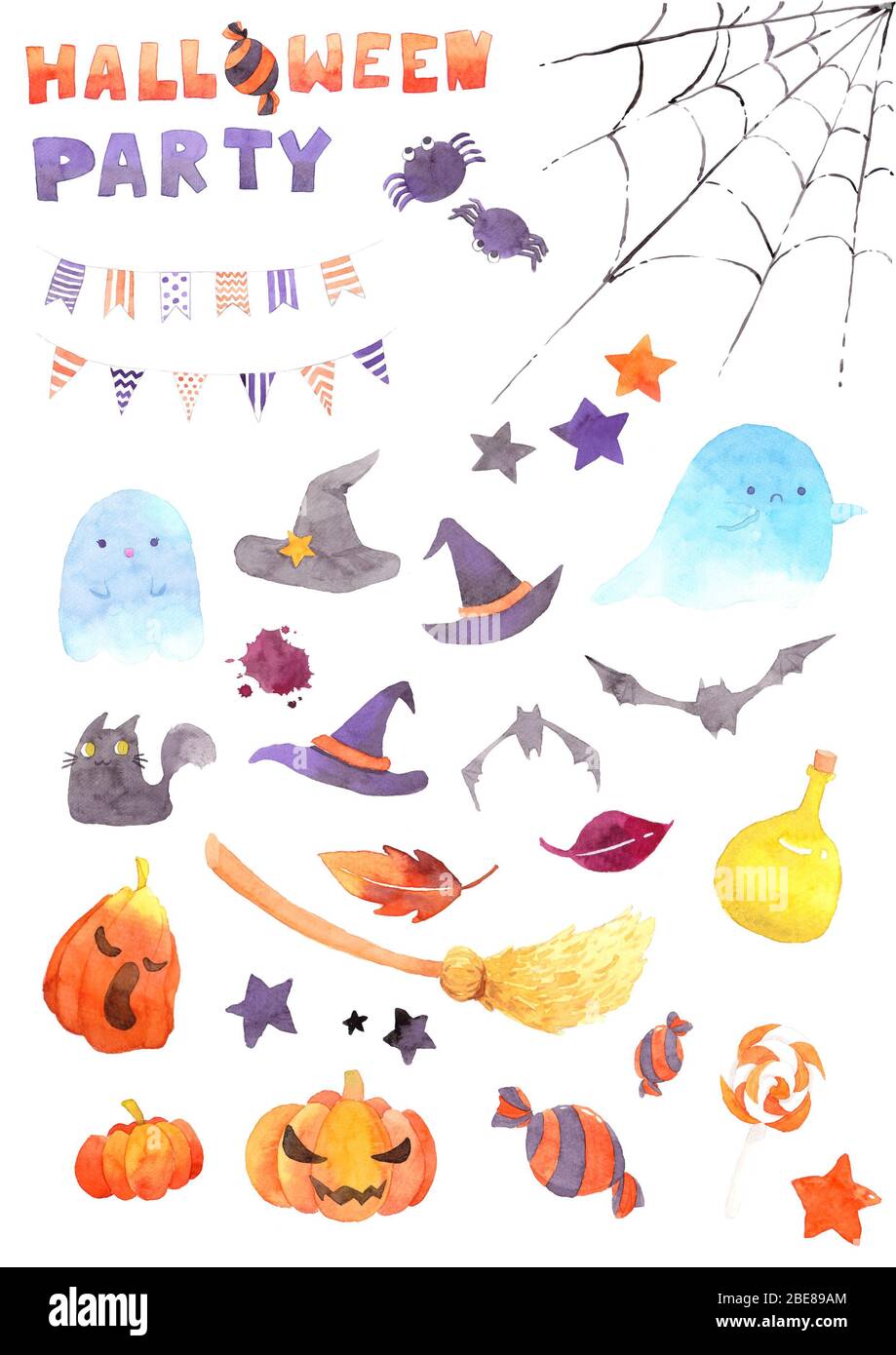 Set di illustrazioni Halloween acquerello. Simpatico personaggio dei cartoni animati, spirito fantasma, ragno, cobweb, cappello magico, dolci, stelle, zucca, bandiera, pipistrello. Foto Stock