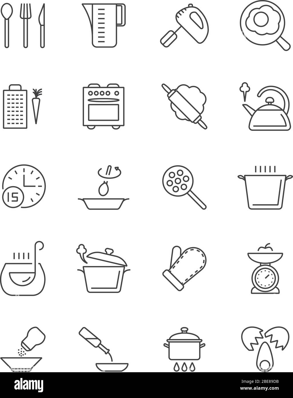Cucina, preparazione del cibo e strumenti da cucina icone vettoriali. Illustrazione di pentole e forcelle per utensili da cucina e utensili da cucina Illustrazione Vettoriale