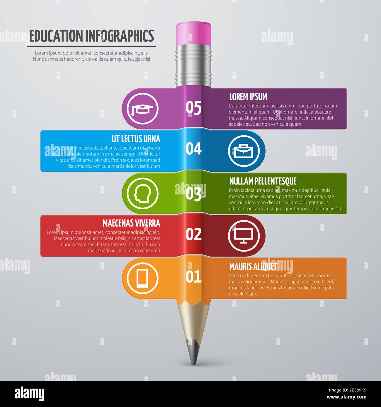Modello infografico vettoriale per l'apprendimento aziendale e l'educazione scolastica con matita e opzioni. Illustrazione dell'educazione infografica della scuola grafica Illustrazione Vettoriale