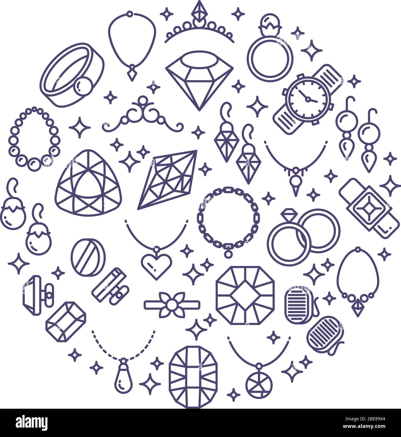 Icone vettoriali di linea di gioielli e gemme. Concetto di lusso per gioielleria. Emblema rotondo di gemme e diamanti Illustrazione Vettoriale