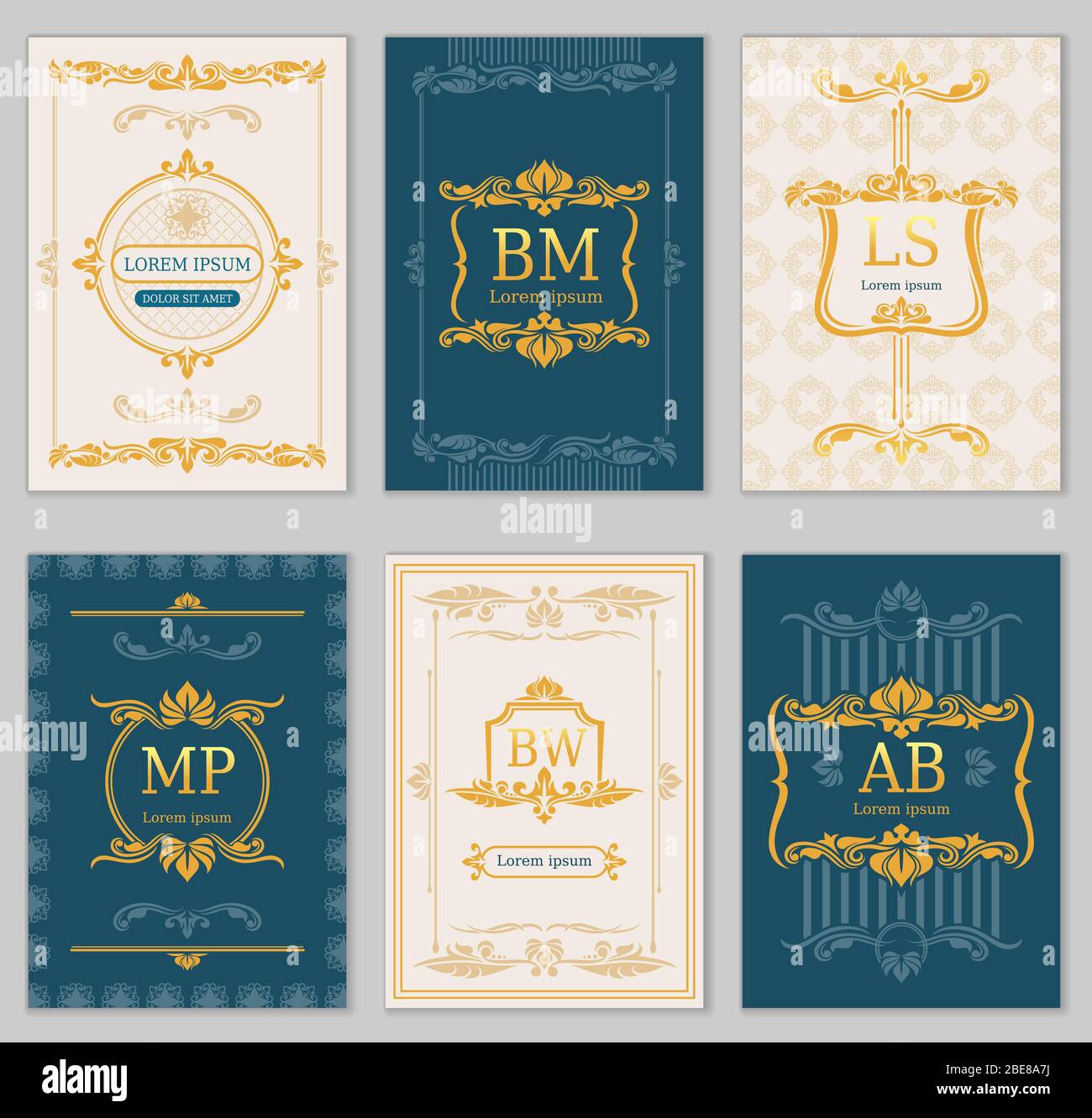 Design di nozze reale. Modelli di carte vettoriali con monogrammi ornamentali. Illustrazione della bandiera con monogramma reale Illustrazione Vettoriale
