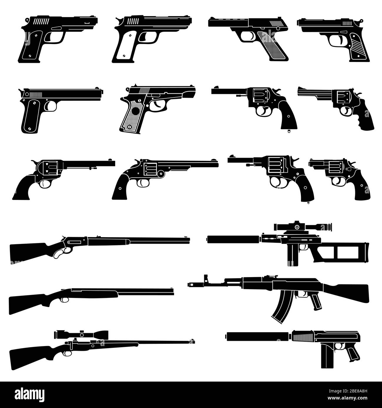 Icone vettoriali per armi automatiche e pistole. Pittogrammi militari di combattimento sulle armi da fuoco. Pistola e arma automatica, fucile e arma da fuoco, illustrazione vettoriale Illustrazione Vettoriale
