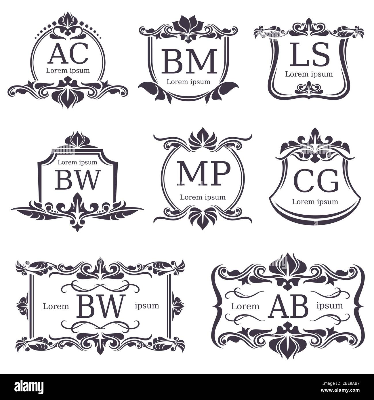 Monogrammi con logo di lusso con elementi decorativi e lettere. Set vettoriale di ornamento monogramma retro classico decorazione illustrazione Illustrazione Vettoriale