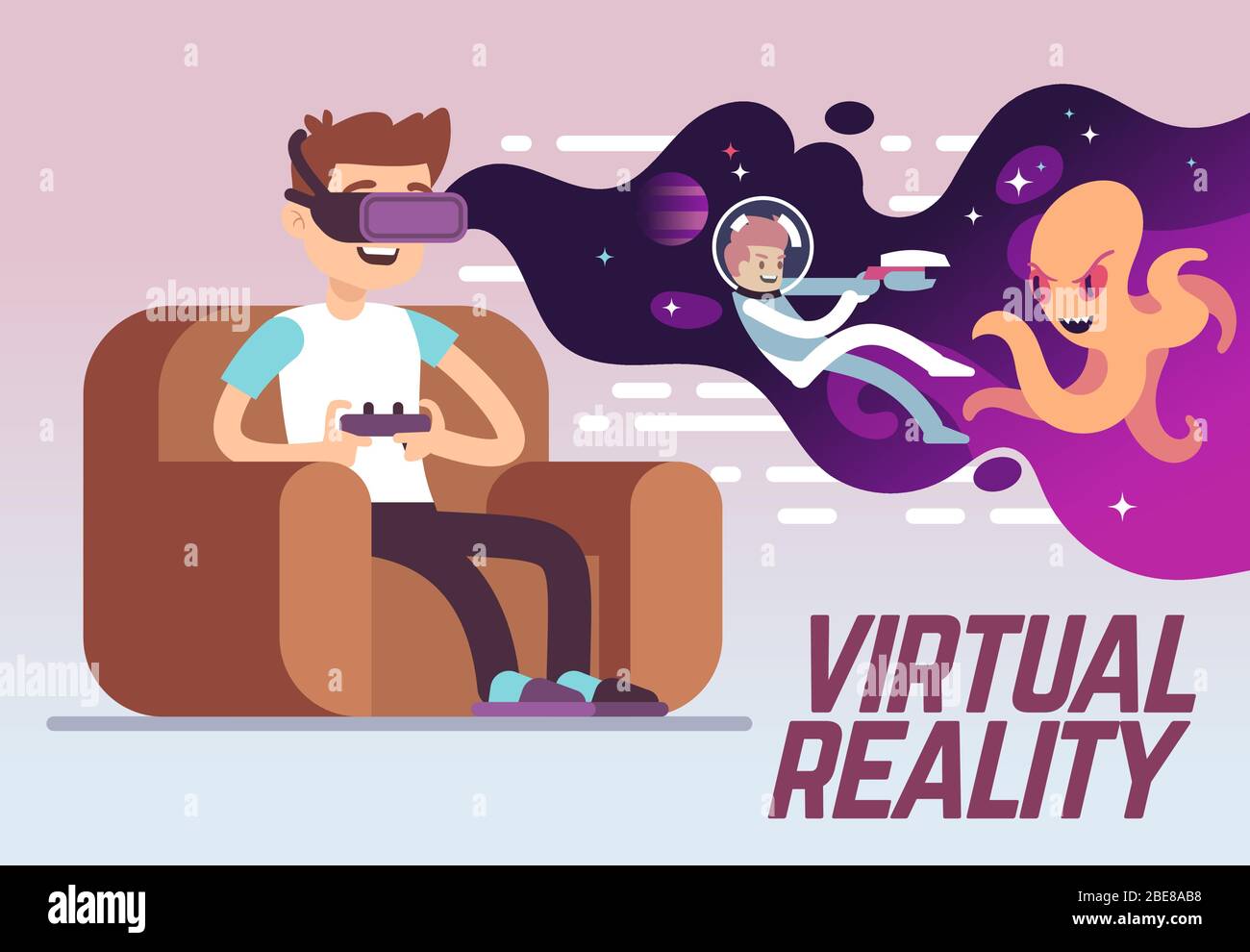 Ragazzo con cuffia che gioca a un gioco di simulazione di realtà 3d virtuale. Concetto di vettore di intrattenimento digitale. Dispositivo di gioco innovativo, illustrazione del cyberspazio vr Illustrazione Vettoriale
