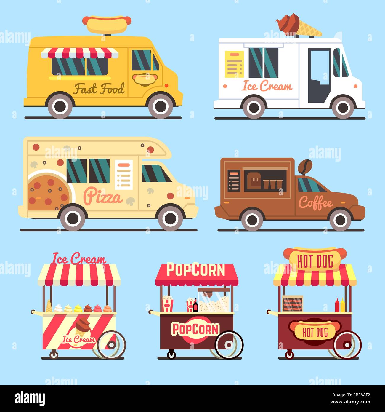 Set di carrelli per la consegna di cibo veloce su strada. Cibo strada veloce camion, illustrazione vettoriale Illustrazione Vettoriale