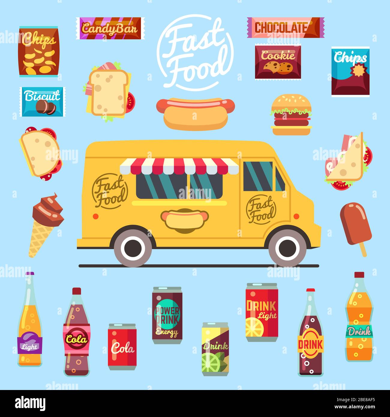 Camion con grande pasto estivo, spuntini fast food, bevande in bottiglia e gelato. Illustrazione vettoriale piatta. Fast food snack e pranzo Illustrazione Vettoriale