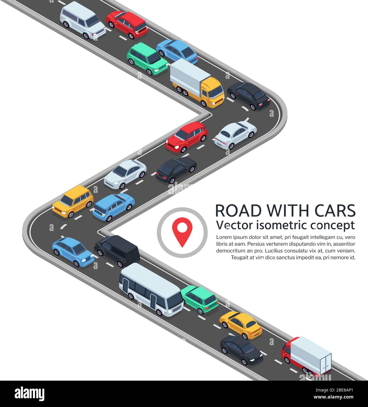 Strada isometrica con auto. concetto vettoriale di veicoli e autostrade 3d. Strada in autostrada con auto illustrazione del trasporto Illustrazione Vettoriale