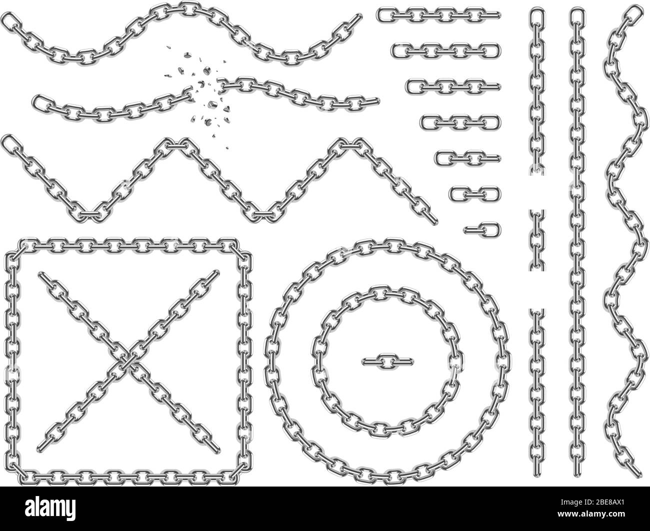 Catene metalliche vettoriali isolate. Icone e pennelli cromati impostati. Maglia rotta della catena, illustrazione della catena di collegamento della linea forte Illustrazione Vettoriale Catene metalliche vettoriali isolate. Icone e pennelli cromati impostati. Maglia rotta della catena, illustrazione della catena di collegamento della linea forte Illustrazione Vettoriale