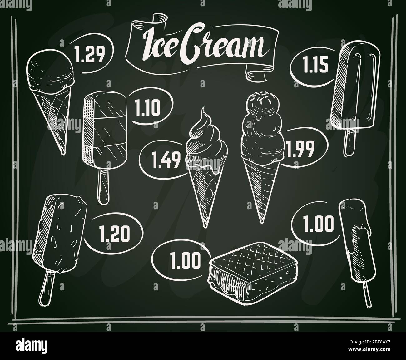 Disegno vettoriale del menu gelato disegnato a mano sulla lavagna. Menu con  gelato su disegno di lavagna, illustrazione vettoriale Immagine e Vettoriale  - Alamy