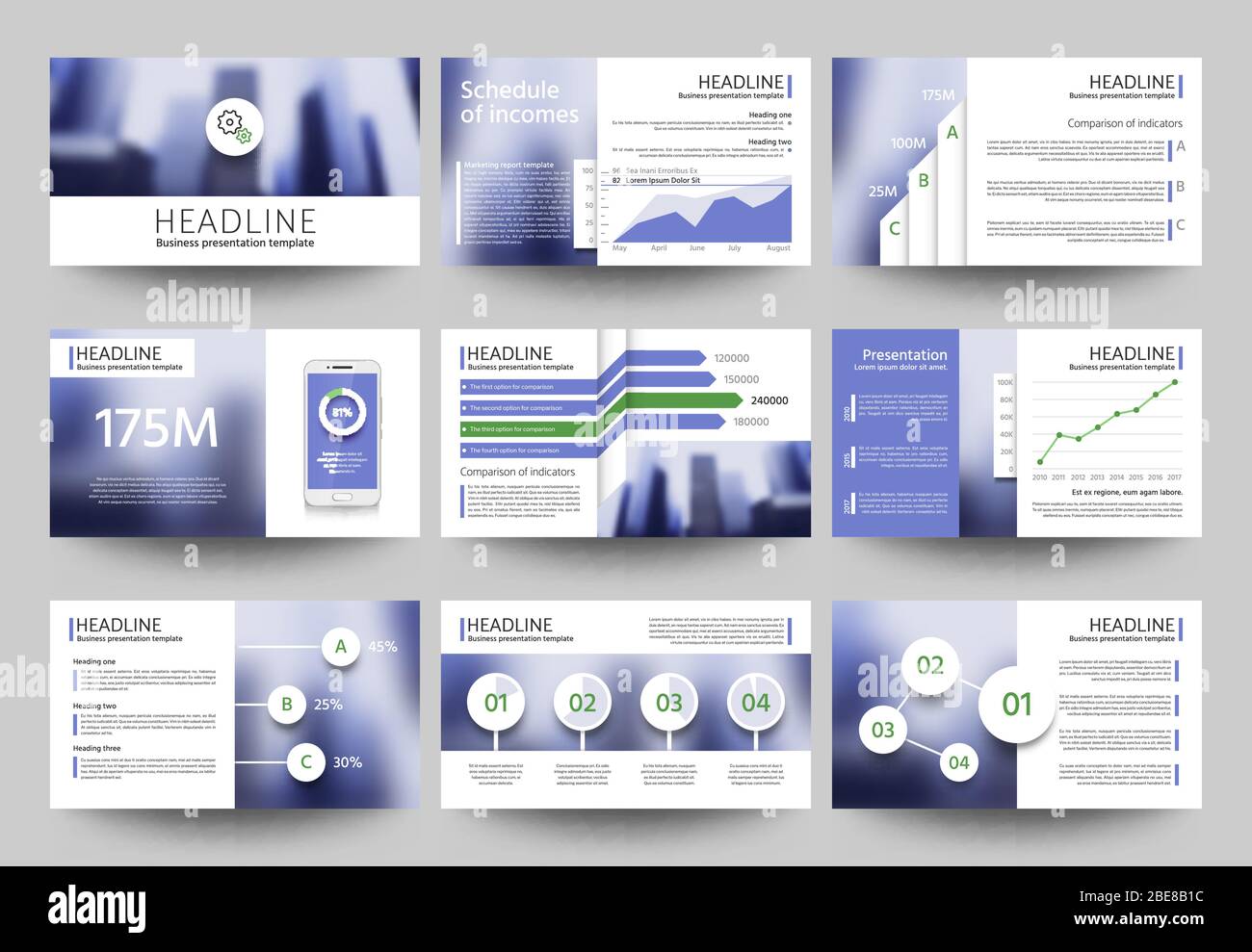 Modelli vettoriali di presentazione aziendale multifunzione con elementi fotografici sfocati. Progettazione di brochure aziendali con elementi infografici. Promozione carta banner annuale con sfondo sfocato Illustrazione Vettoriale