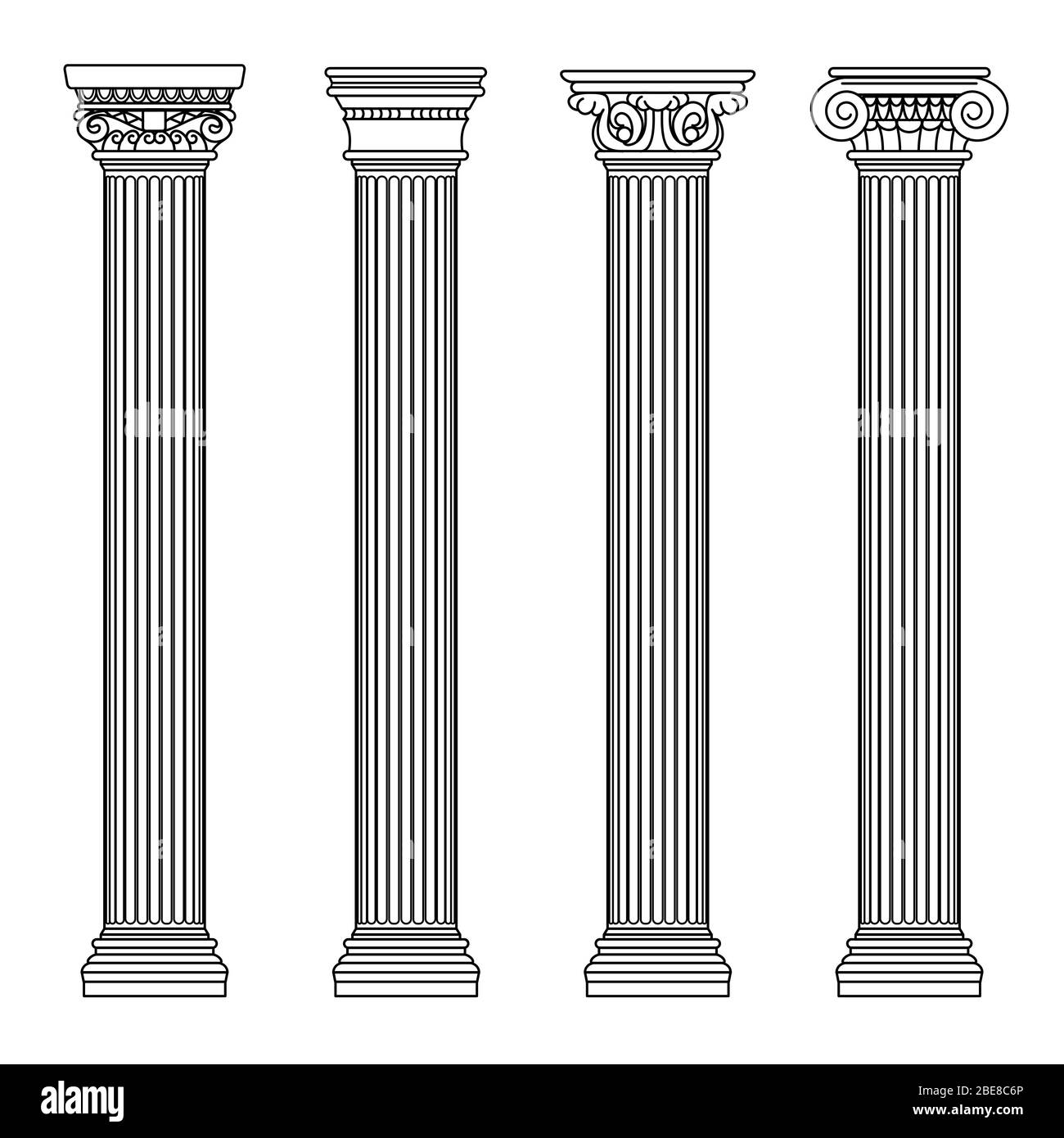 Architettura greca e romana colombe in pietra classica. Illustrazione vettoriale di contorno. Architettura colonna e pilastro antico Illustrazione Vettoriale
