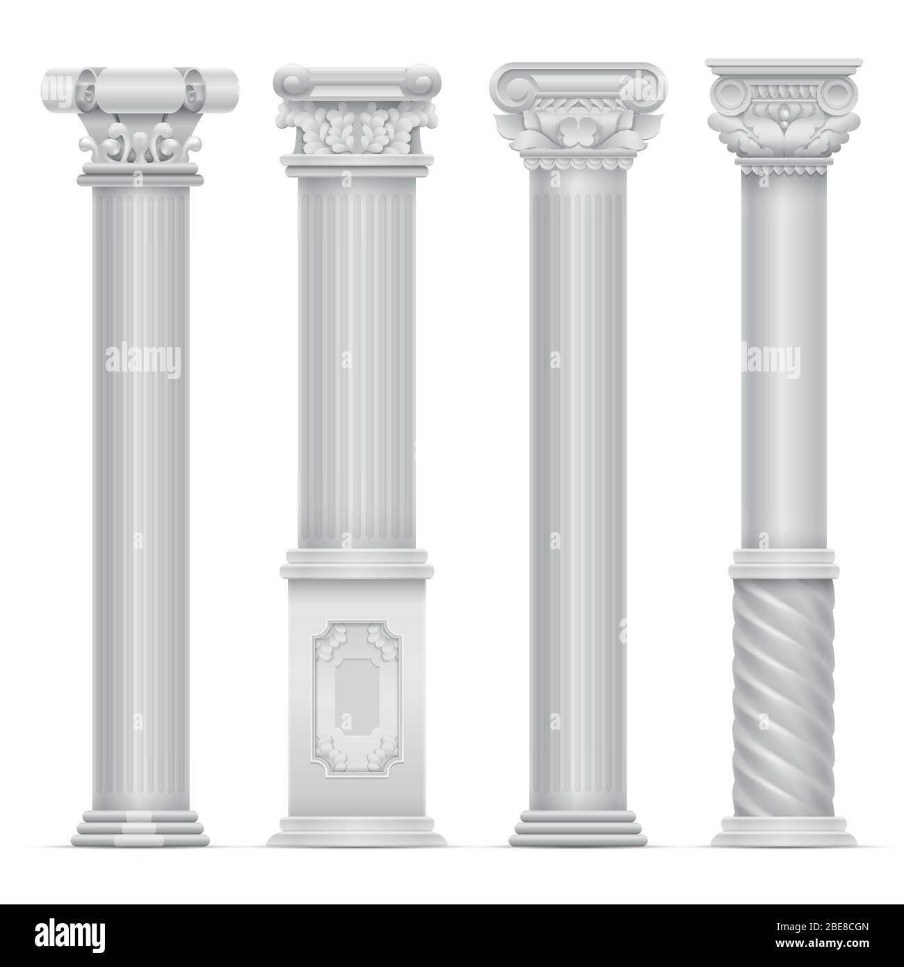Set vettoriale realistico bianco antico a colonna romana. Costruzione di colonne di pietra. Edificio antico architettura illustrazione colonna Illustrazione Vettoriale