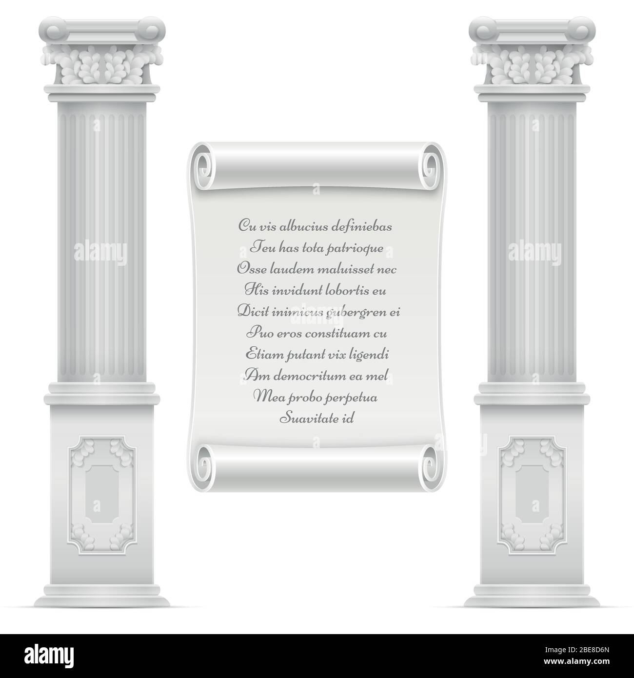 Antico design architettonico romano con colombe in pietra marmorea e testo su pergamena da parete, testo vettoriale inciso su illustrazione marmorea Illustrazione Vettoriale