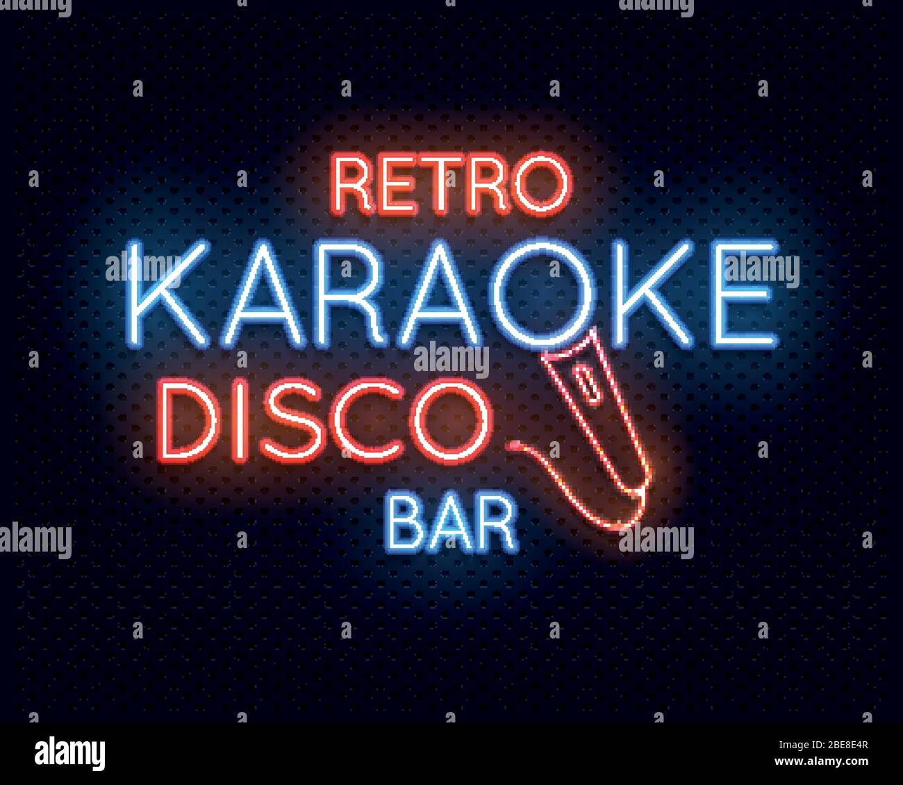 Retro discoteca karaoke bar neon segno di luce vettore illustrazione. Lampada al neon, illuminazione club karaoke Illustrazione Vettoriale