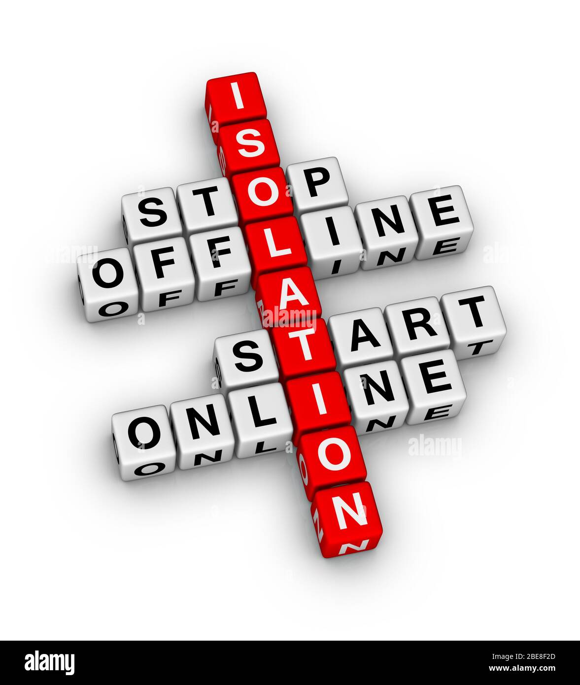 Stop Online, Start Online. Concetto di autoisolamento. Puzzle 3D cruciverba su sfondo bianco. Foto Stock
