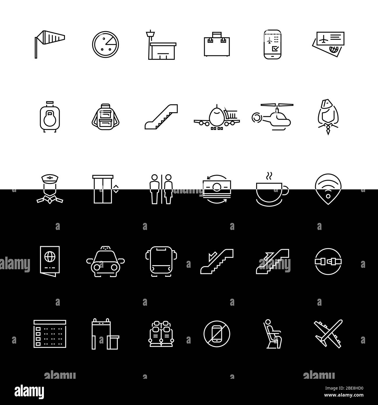 Icone delle linee aeroportuali vettoriali - concetto in bianco e nero. Illustrazione di elicottero e aereo Illustrazione Vettoriale
