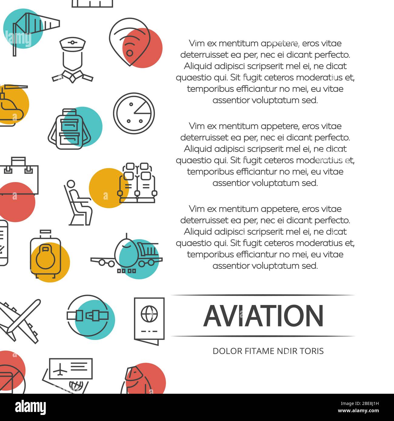 Concetto di poster per l'aviazione con icone e elementi colorati. Illustrazione vettoriale Illustrazione Vettoriale