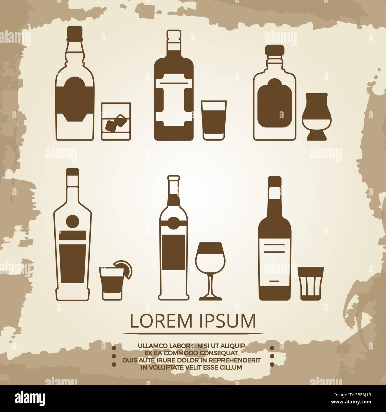 Poster vintage Grunge con icone di bevande alcoliche. Banner con bar drink, illustrazione vettoriale Illustrazione Vettoriale