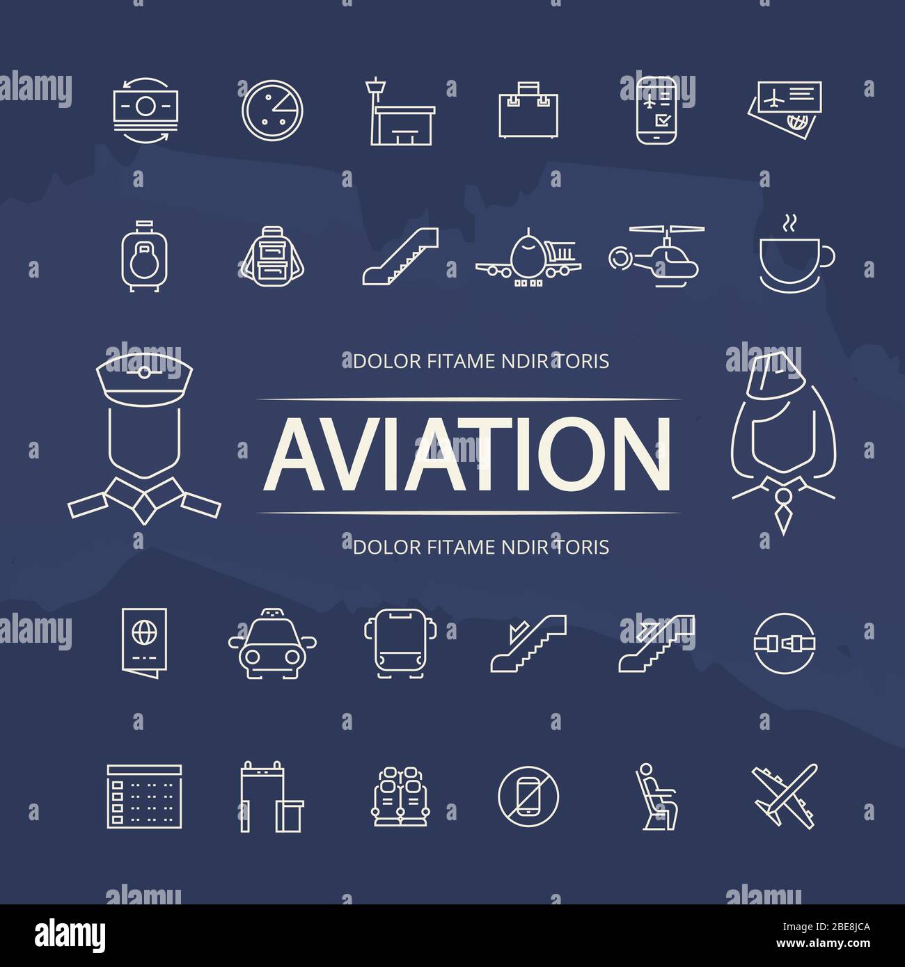 Aviazione contorno icone collezione su sfondo blu grunge. Illustrazione vettoriale Illustrazione Vettoriale