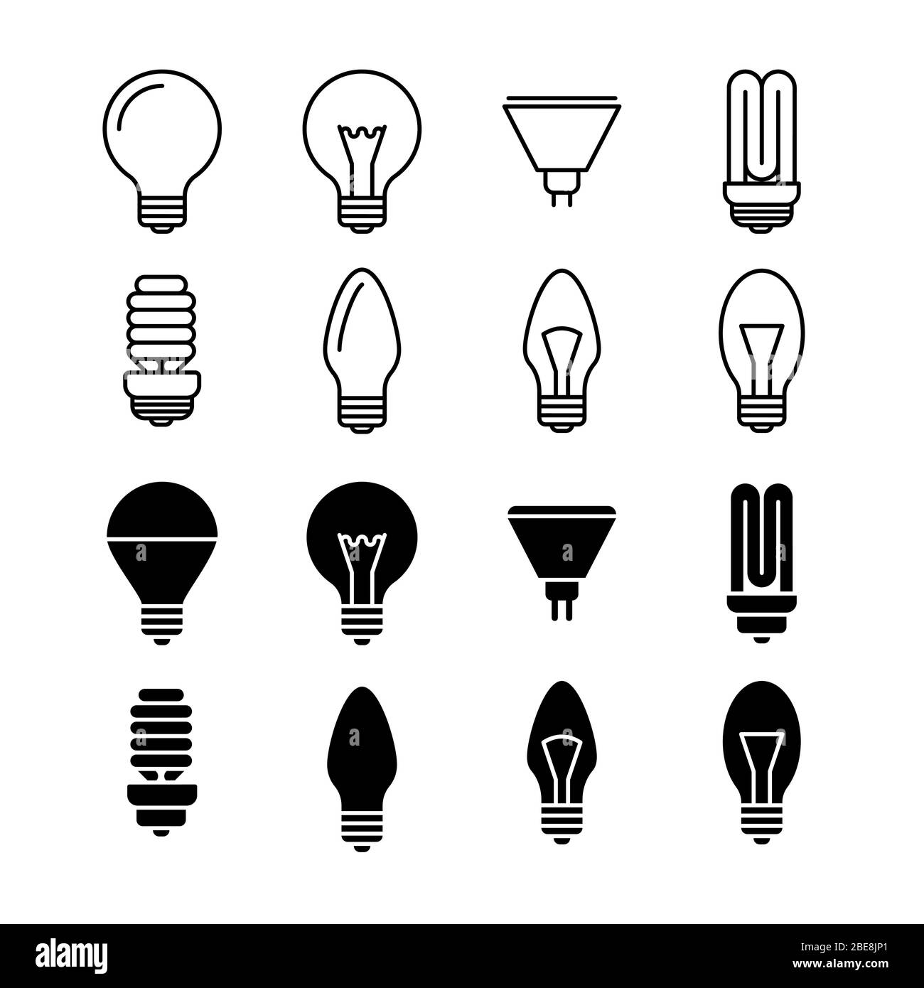 Lampade lampade linea e silhouette icone isolato su bianco. Set di lampadine e luce elettrica, illustrazione vettoriale Illustrazione Vettoriale