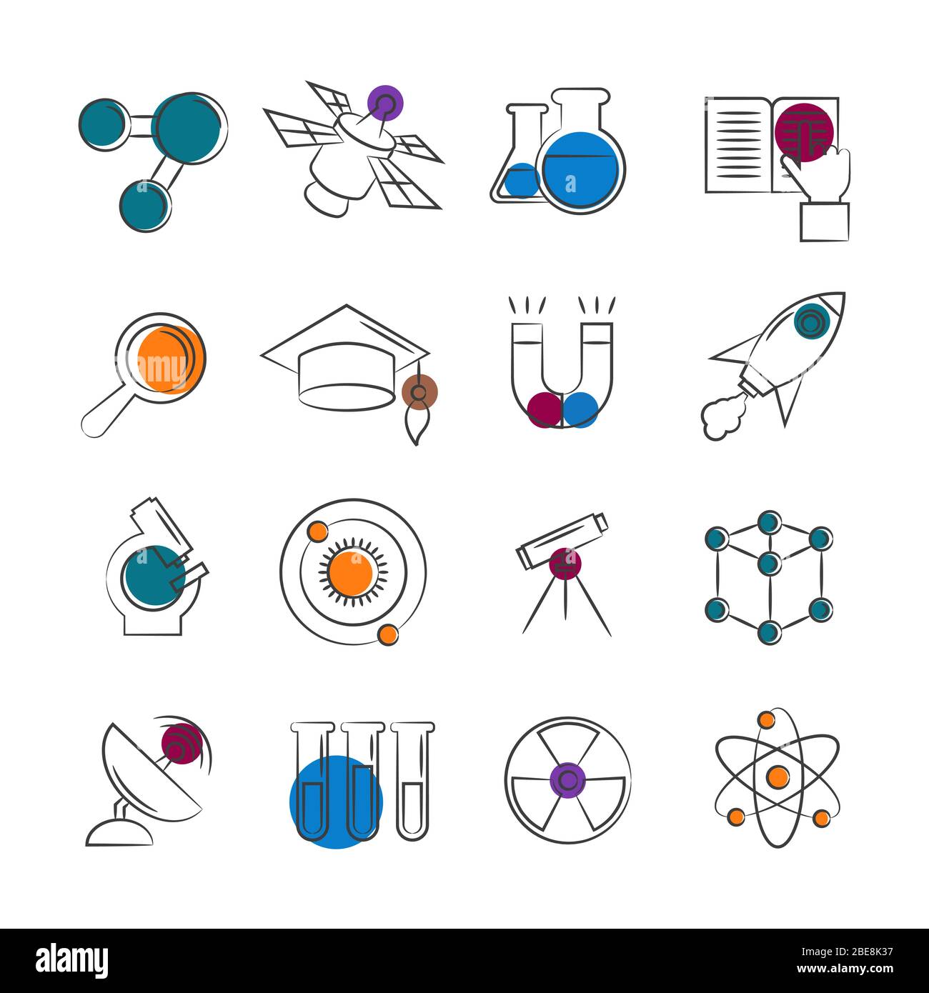 Collezione di icone della linea scientifica con dettagli colorati. Elementi piatti scientifici. Illustrazione vettoriale Illustrazione Vettoriale
