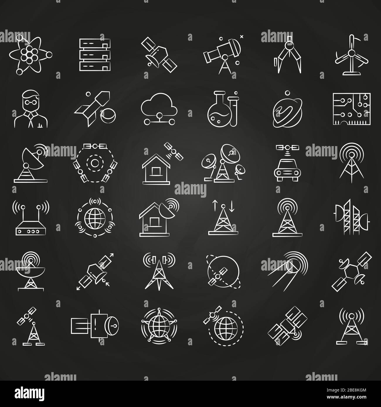 Comunicazioni in orbita e scienza icone a linea sottile sulla lavagna. Razzo e satellite, antenna e router, illustrazione vettoriale Illustrazione Vettoriale