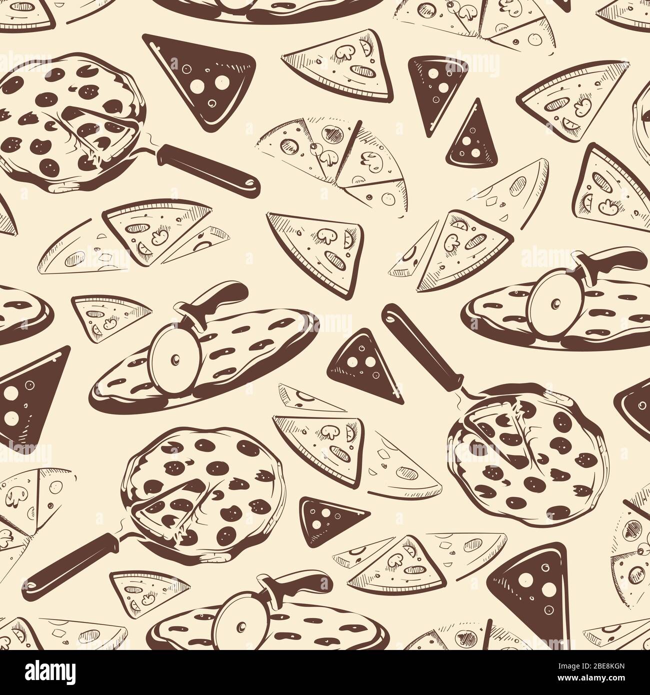 Pizza vintage con fette di motivo senza cuciture. Pizza cibo di sfondo, illustrazione vettoriale Illustrazione Vettoriale