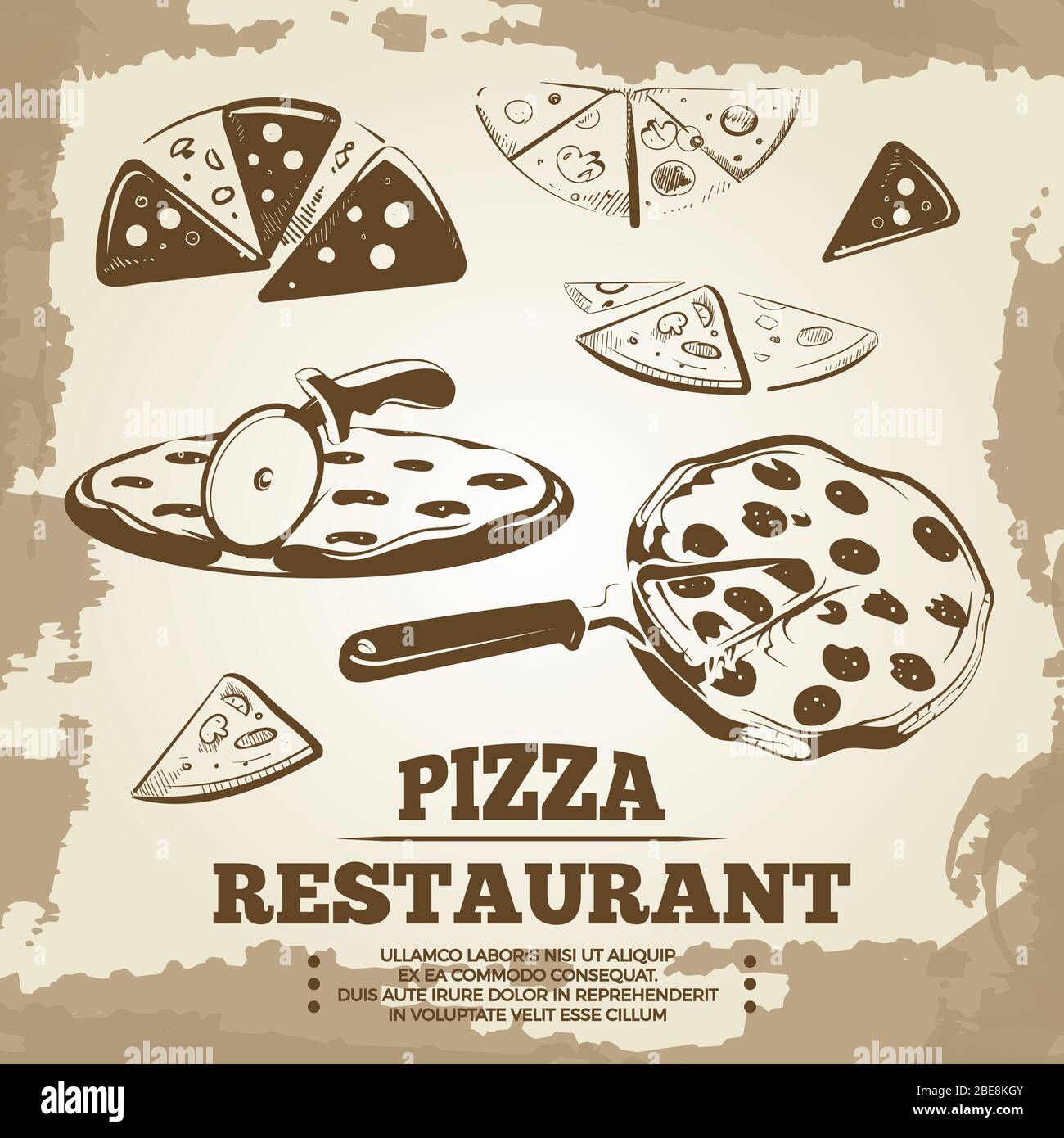 Pizze d'epoca per caffè, ristorante, bar o consegna. Pizzeria retrò, cibo italiano disegno illustrazione Illustrazione Vettoriale
