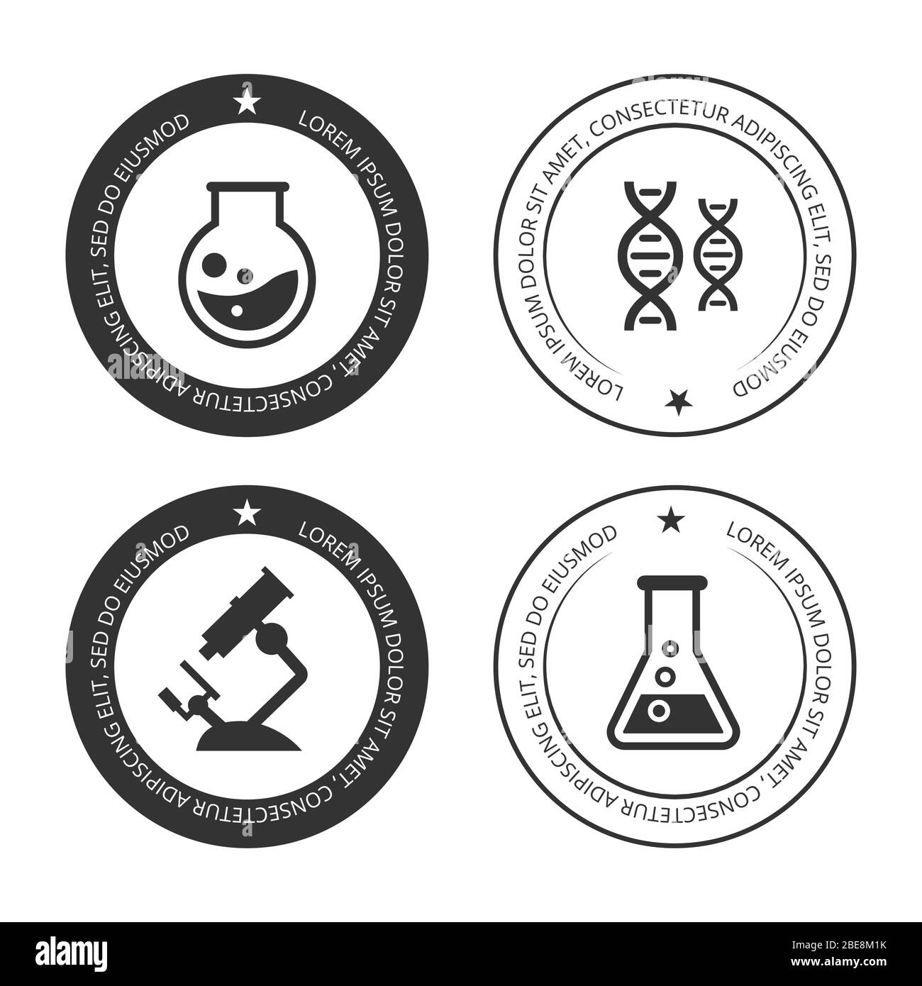 Collezione di etichette scientifiche con icone di silhouette. Illustrazione del vettore di elementi di simboli Illustrazione Vettoriale