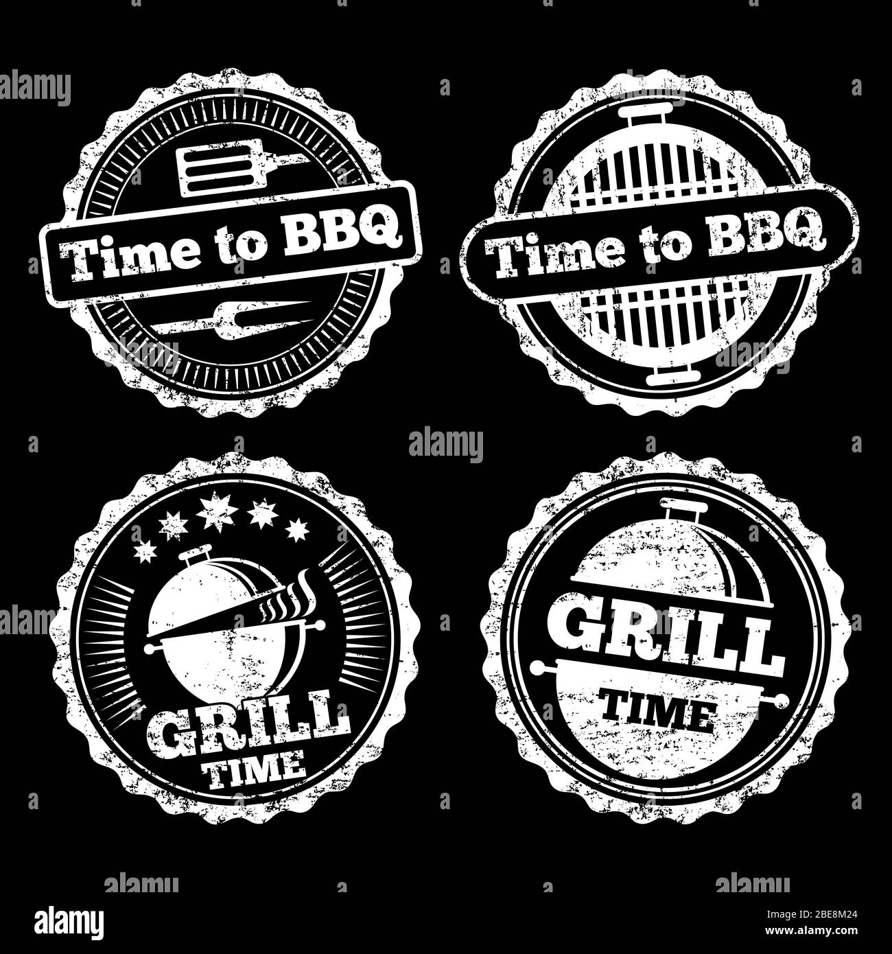 BBQ e grigliate tempo grunge etichette design. Barbecue disegno cibo, illustrazione vettoriale Illustrazione Vettoriale