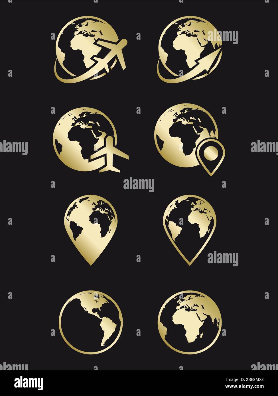 Terra, viaggi e navigazione icone dorate su sfondo nero Illustrazione Vettoriale