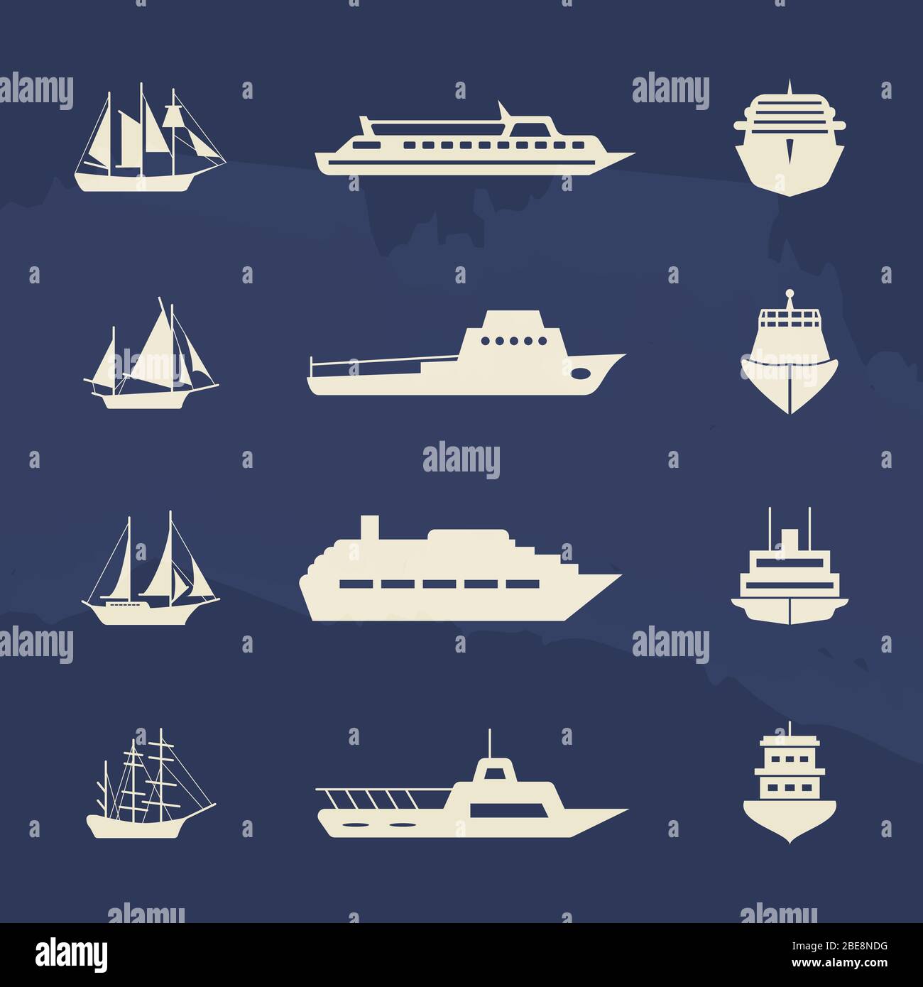 Barca a vela e nave icone collezione sullo sfondo grunge. Illustrazione vettoriale Illustrazione Vettoriale