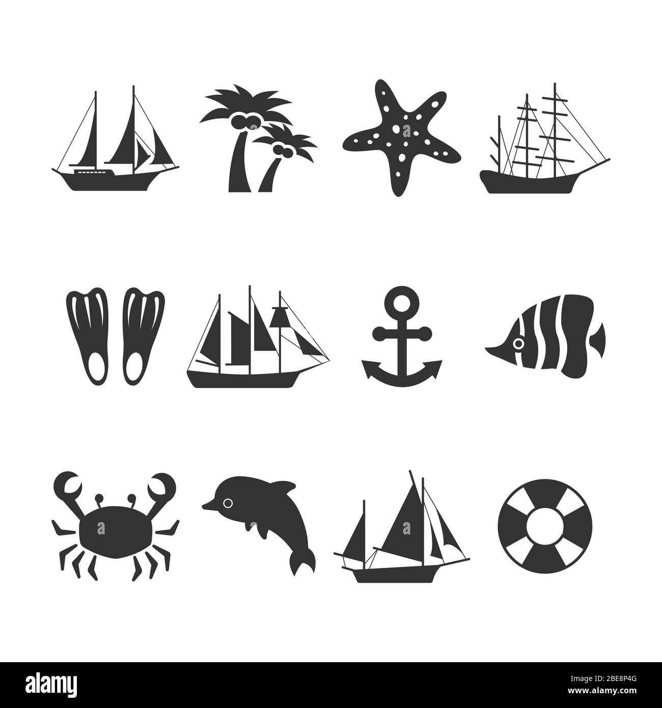 Estate mare icone vacanza set. Elementi estivi e animali, ancora e delfini, stelle marine. Illustrazione vettoriale Illustrazione Vettoriale