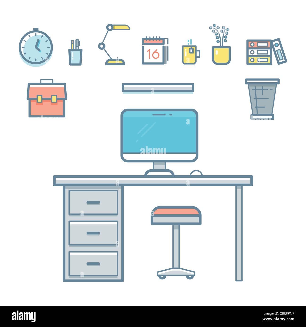 Oggetti per l'area di lavoro di Office in stile lineare per la progettazione: Per creare un vettore per l'ambiente di lavoro Illustrazione Vettoriale
