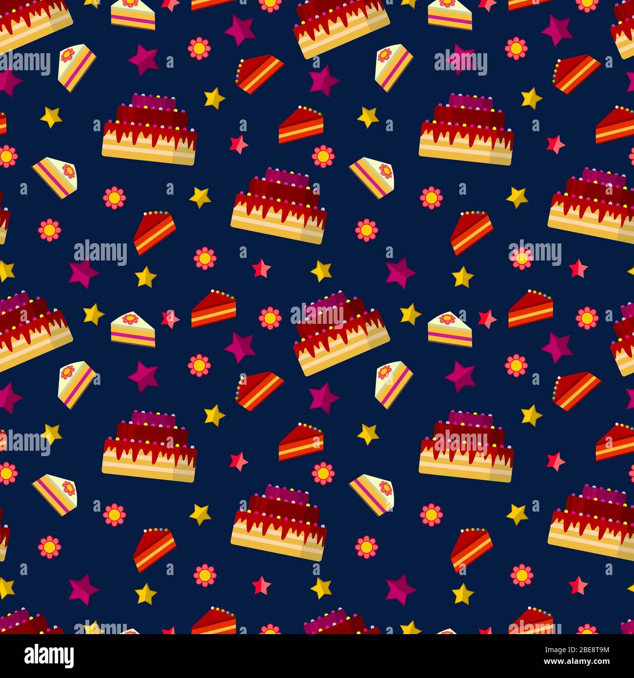 Torte di compleanno colorate motivo senza cuciture. Festa, vettore illustrazione appartamento Illustrazione Vettoriale