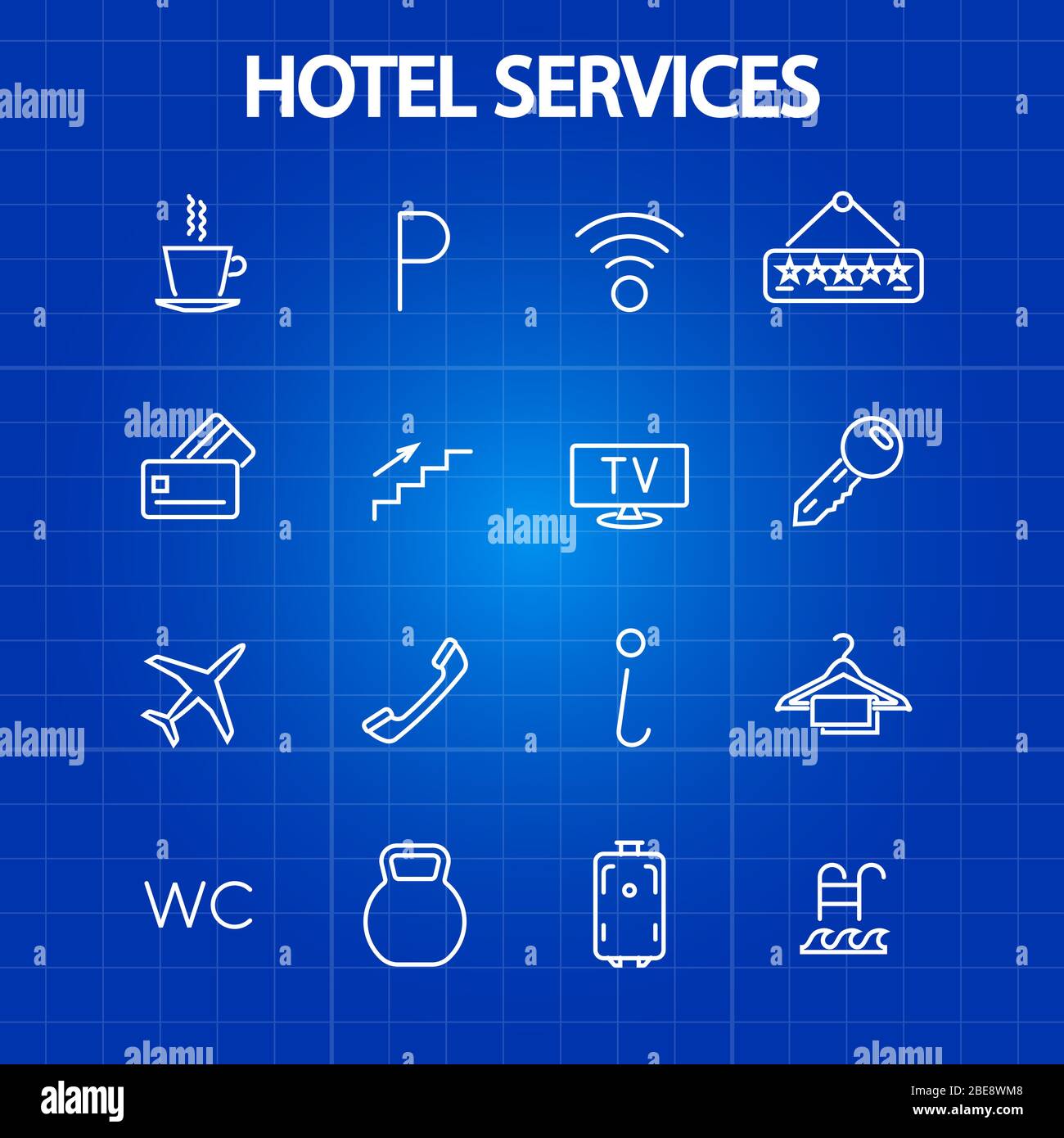 Icone di linea sottile dei servizi dell'hotel. Simbolo di turismo e vacanza. Illustrazione vettoriale Illustrazione Vettoriale