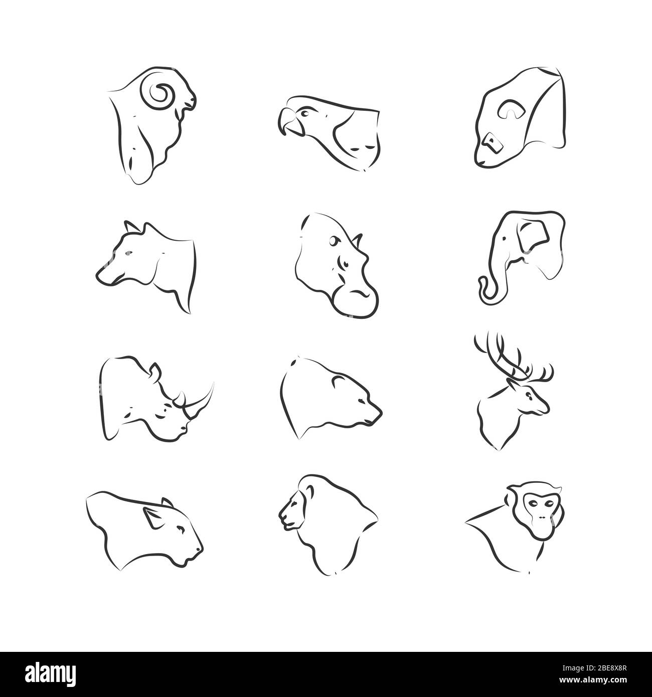 Animali selvatici teste icone su sfondo bianco. Animale selvatico lineare. Illustrazione vettoriale Illustrazione Vettoriale