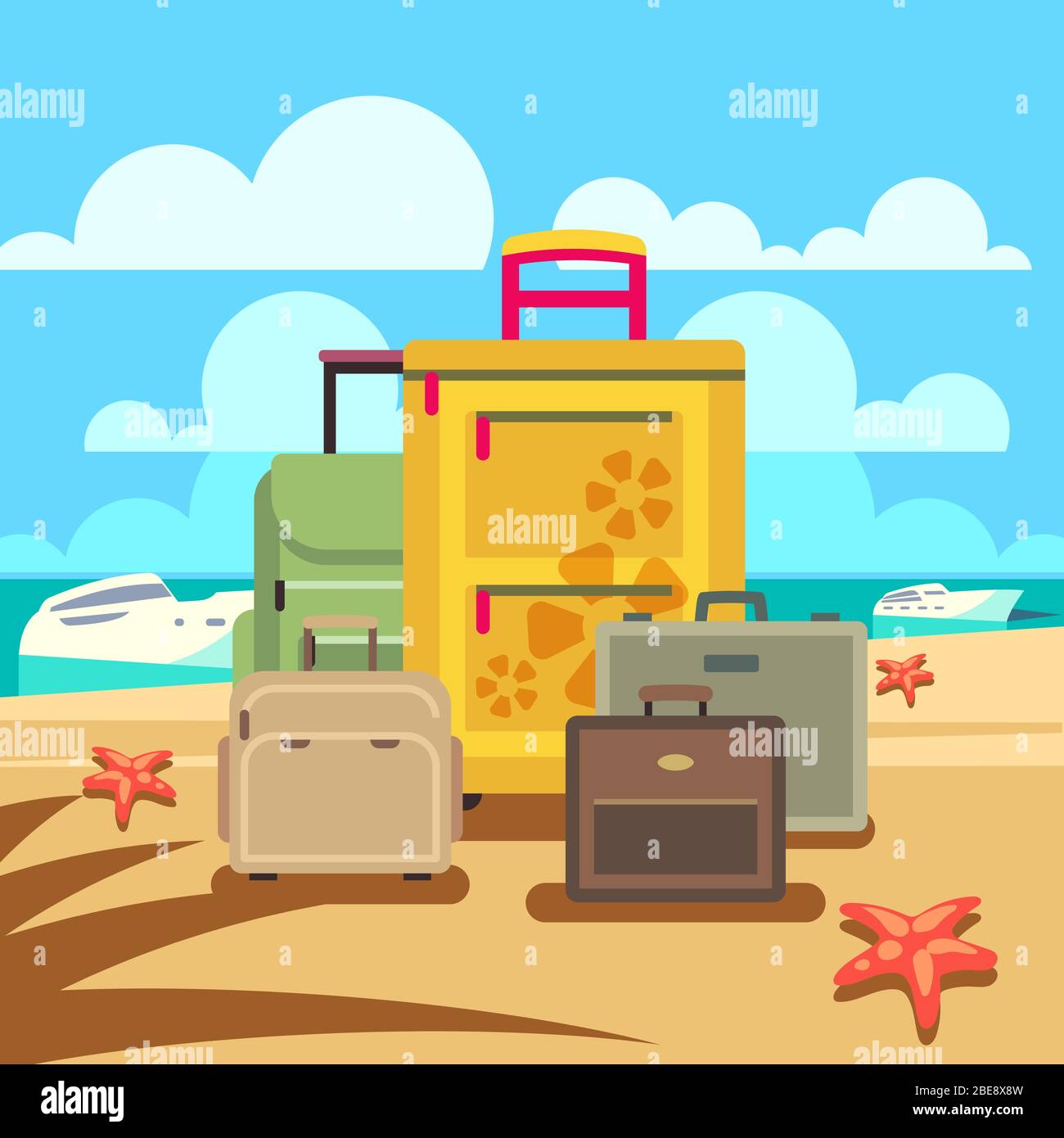 Concetto di viaggio con bagaglio per passeggeri e spiaggia. Illustrazione vettoriale Illustrazione Vettoriale