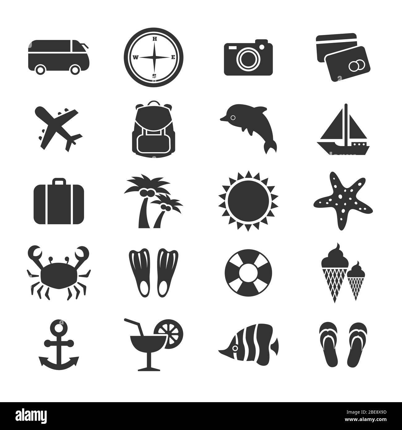Vacanze estive o collezione di icone di viaggio. Aereo e passaporto simbolo estivo. Illustrazione vettoriale Illustrazione Vettoriale