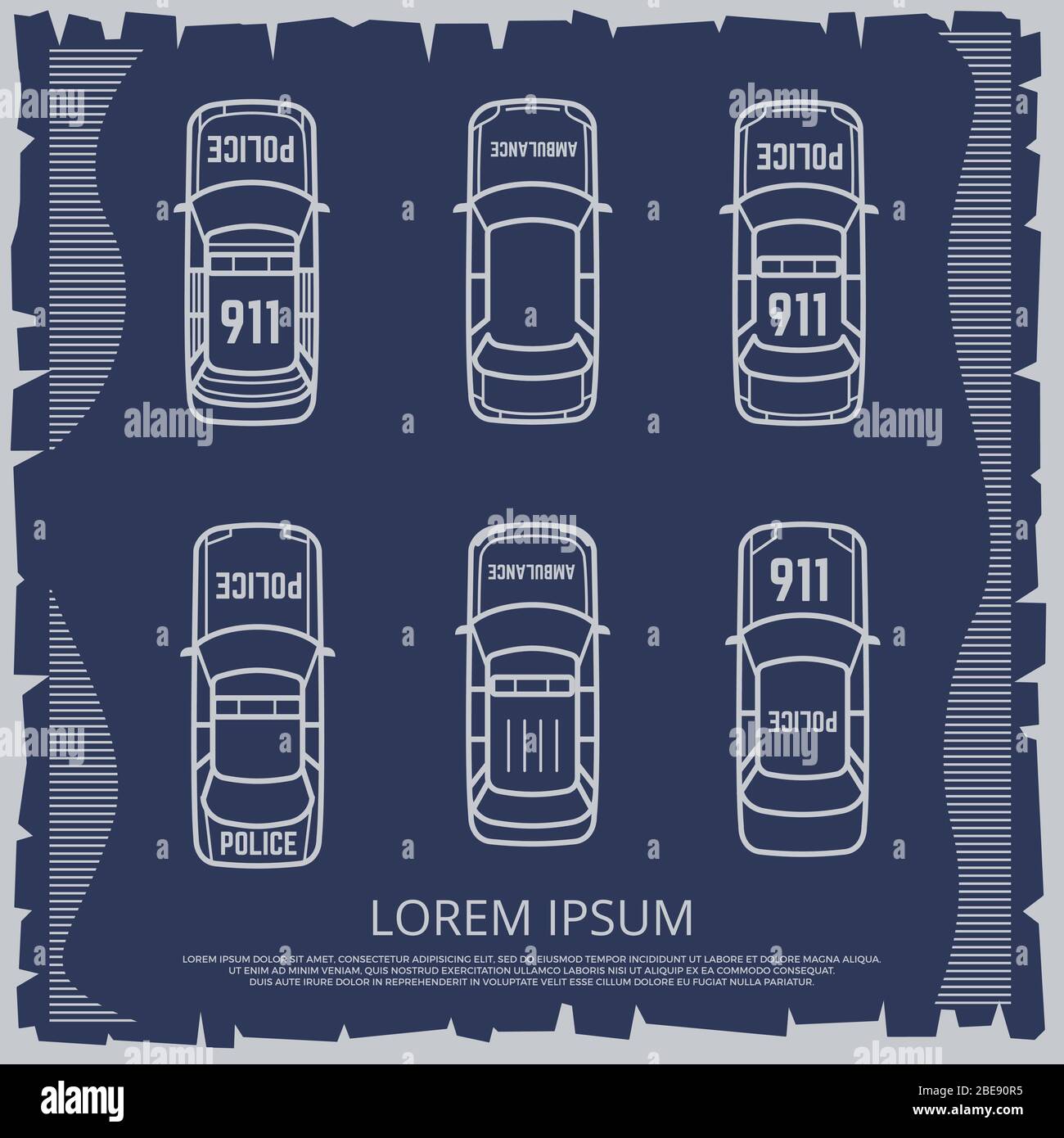 Poster vintage delle auto di polizia e ambulanza. Trasporto di emergenza del veicolo. Illustrazione vettoriale Illustrazione Vettoriale