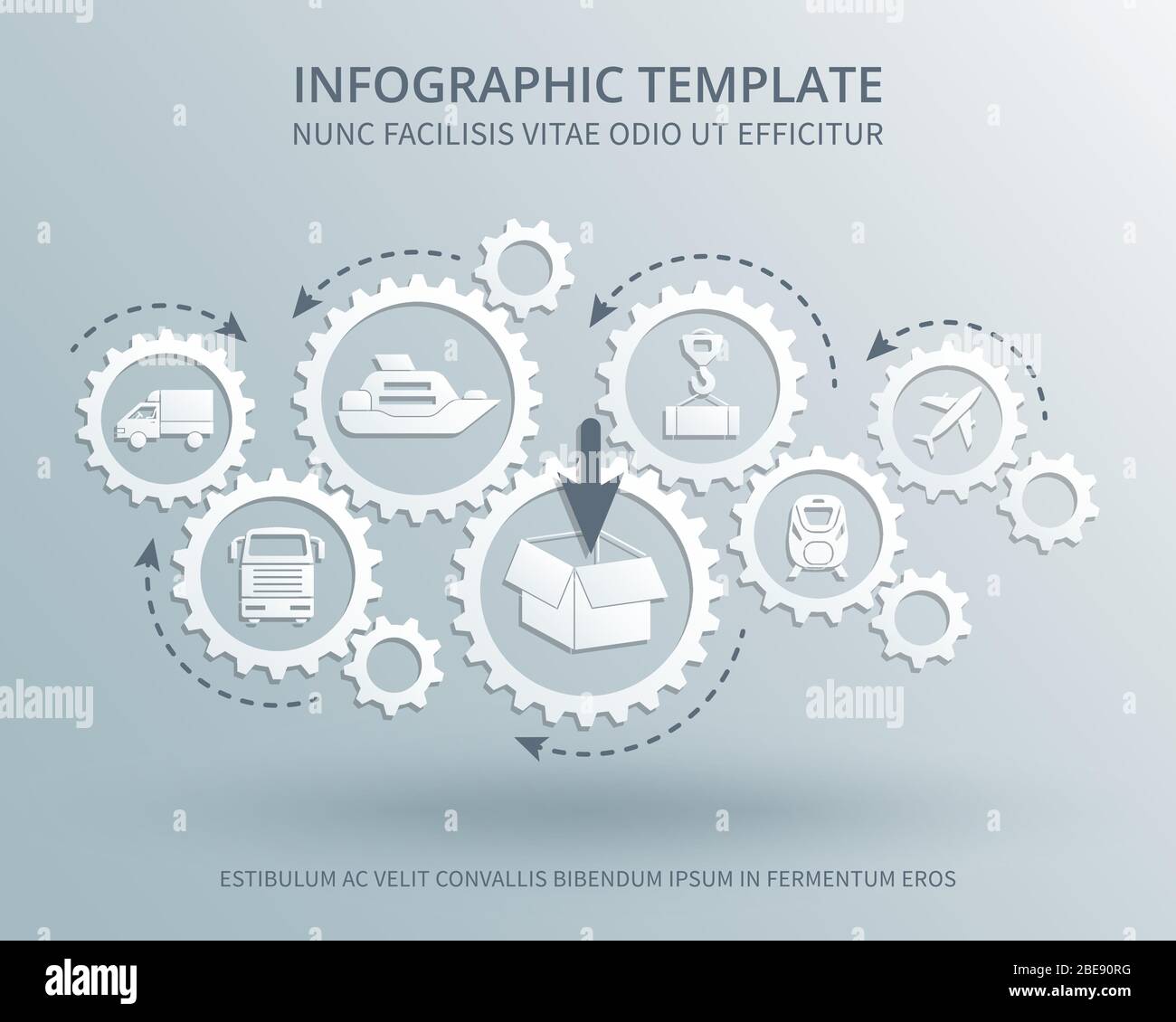 Vettore commerciale di distribuzione e consegna con icone di meccanismi di ingranaggi, trasporto, imballaggio e spedizione. Illustrazione del settore dei trasporti e della logistica Illustrazione Vettoriale