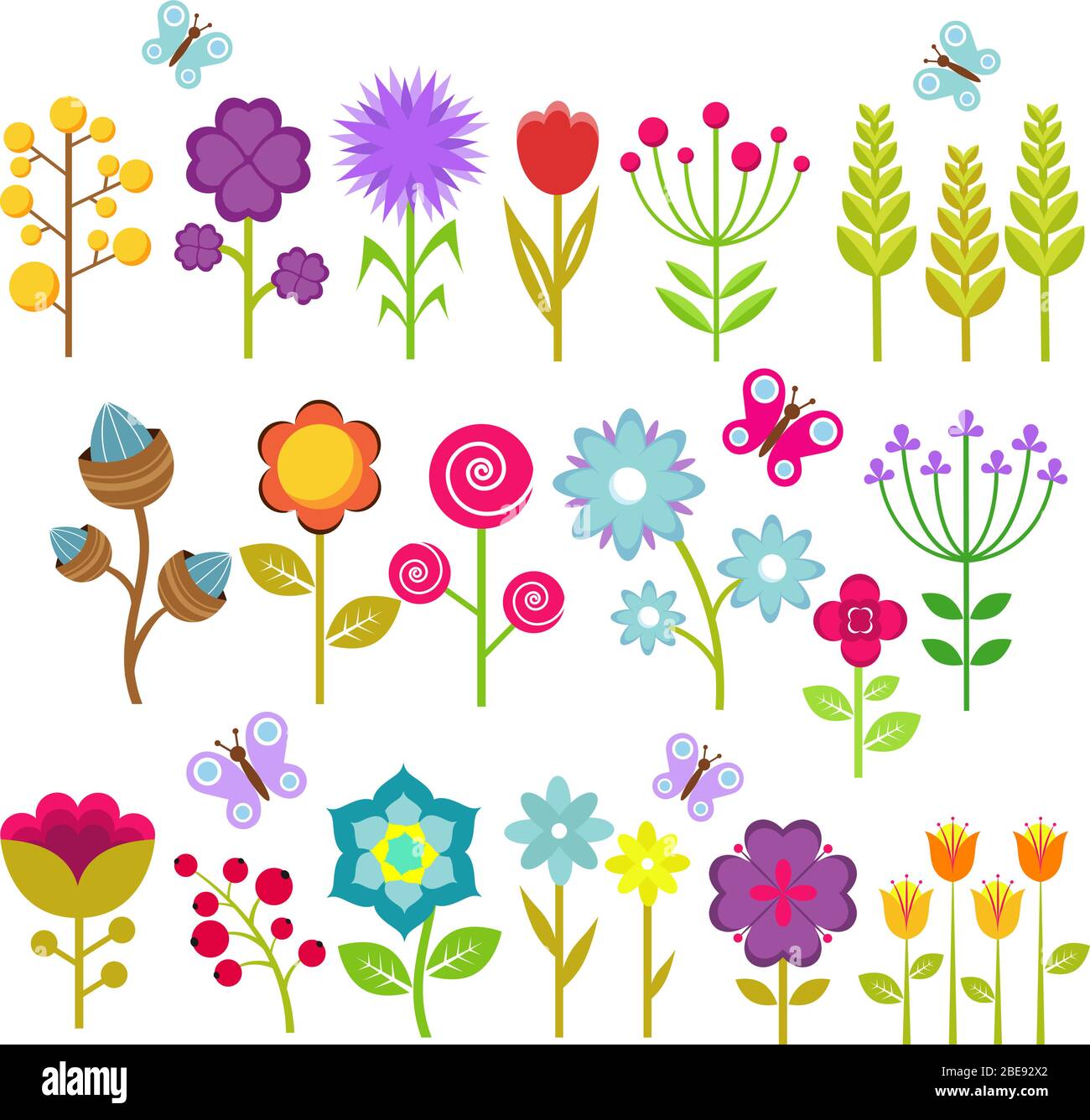 Collezione vettoriale isolata fiori estivi. Elementi floreali per un design retrò anni '70. Fiore vintage di illustrazione set Illustrazione Vettoriale