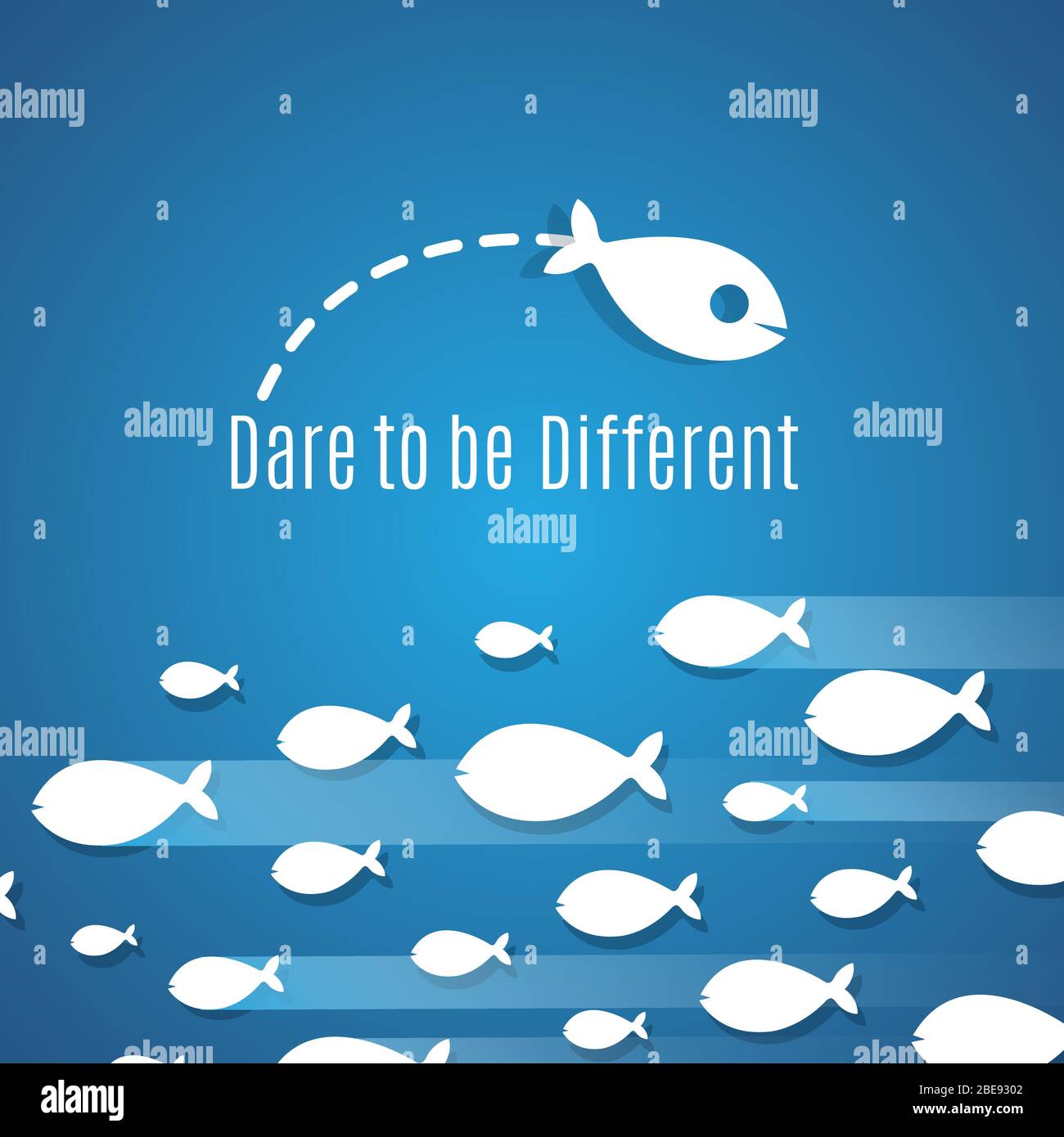 Osate essere un concetto di vettore di soluzione di successo diverso con un piccolo gruppo di pesci. Illustrazione della leadership individuale, inventiva e senza paura Illustrazione Vettoriale