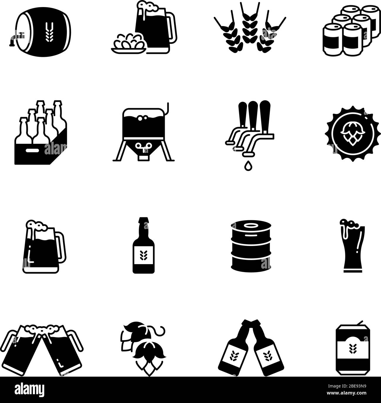 Icone vettoriali birra e birra impostate. Bottiglie e simboli di vetro della birreria. Icone della birra monocromatiche, bottiglia di vetro di alcol e barile Illustrazione Vettoriale