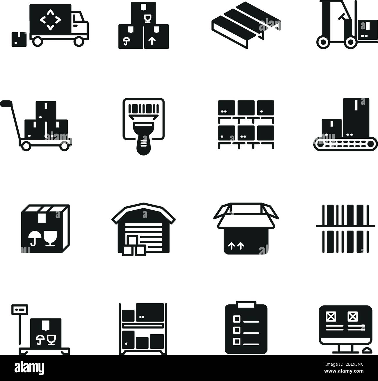 Icone vettoriali per la gestione di magazzini industriali, logistica e distribuzione. Immagine delle icone dei servizi di consegna e archiviazione Illustrazione Vettoriale