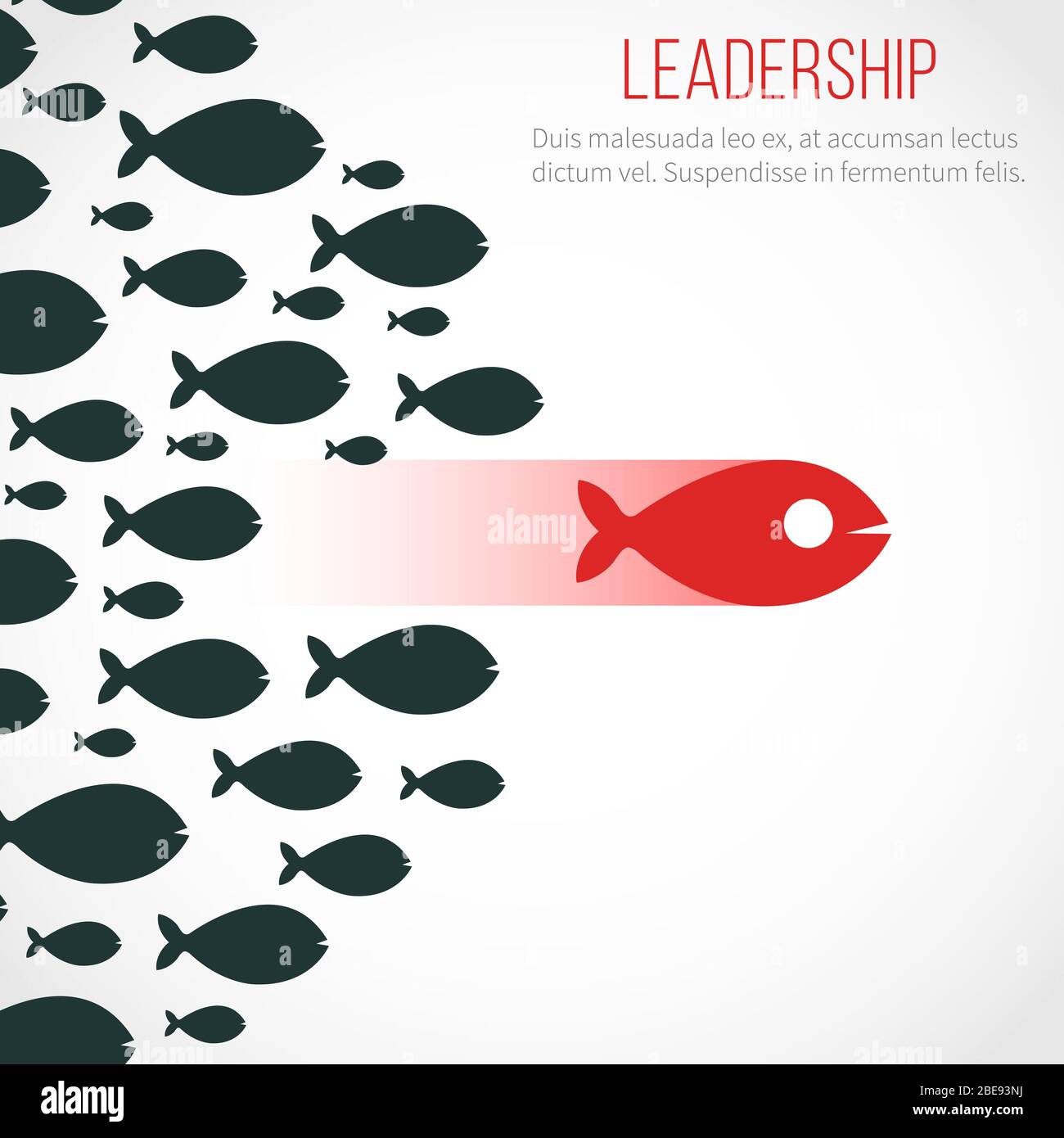 Concetto di vettore di leadership aziendale con il leader rosso pesce e squadra vincente. Leadership business, gruppo di pesci illustrazione Illustrazione Vettoriale