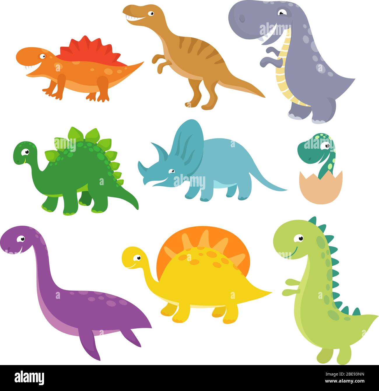 Cute baby dino vettore caratteri isolato set vettore. Cartoni animati dinosauri colorati tirannosauro e triceratops illustrazione Illustrazione Vettoriale